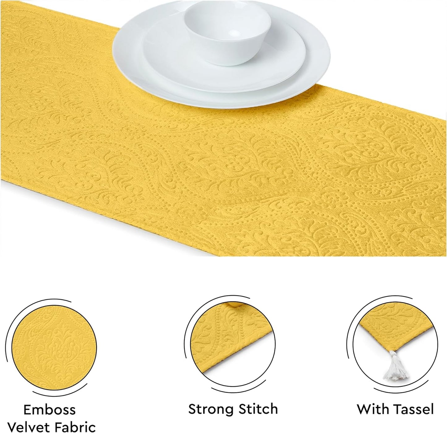 Dining Table Runner 13x72 in Long | Embossed Velvet | Lemon Yellow Color with Premium Polyester - Machine Washable