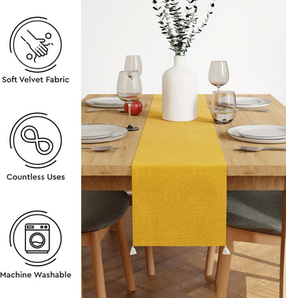 Dining Table Runner 13x72 in Long | Embossed Velvet | Lemon Yellow Color with Premium Polyester - Machine Washable