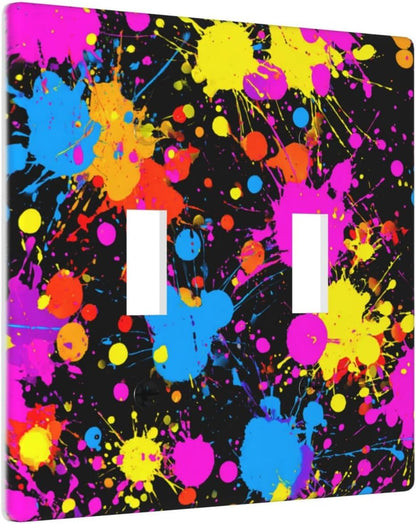 Neon Abstract Pink Blue Yellow Paint Splatter Double Gang Toggle Light Cover Wall Plate Switch Decor Standard Size - 4.5" X 4.5"