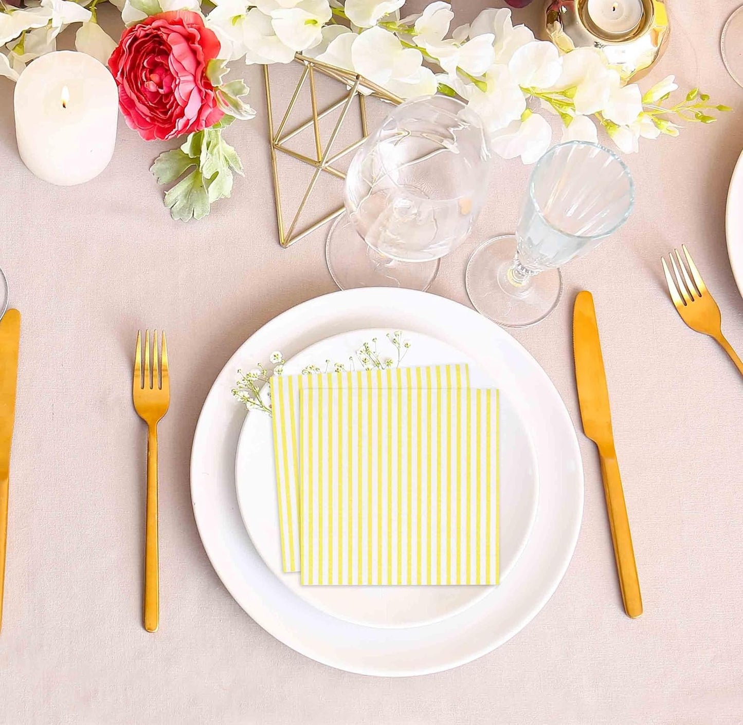 100 Pcs Yellow & White Stripe Cocktail Beverage Napkins Disposable Paper Thin Striped Dessert Napkin for Birthday Baby Shower Party Supplies Decor