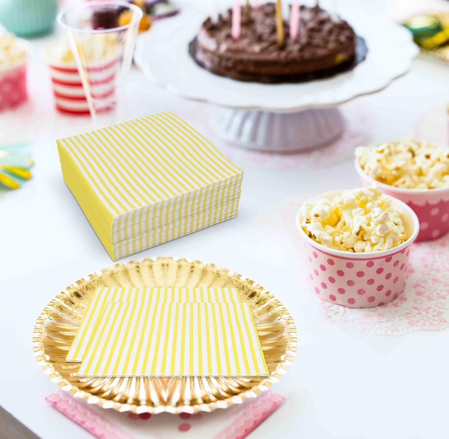 100 Pcs Yellow & White Stripe Cocktail Beverage Napkins Disposable Paper Thin Striped Dessert Napkin for Birthday Baby Shower Party Supplies Decor