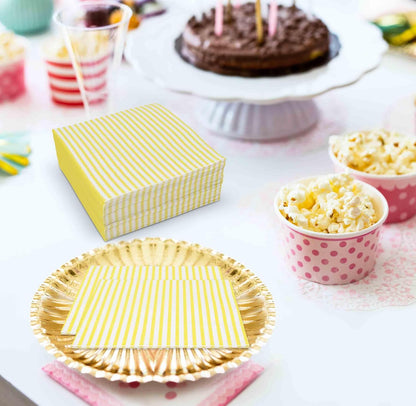 100 Pcs Yellow & White Stripe Cocktail Beverage Napkins Disposable Paper Thin Striped Dessert Napkin for Birthday Baby Shower Party Supplies Decor