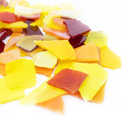 Irregular Stained Glass Scraps Mosaic Tiles Pieces 1-3cm Broken Glass Pieces Shapes for Crafts,Fusing,DIY Resin Art, Mosaic Making Projects,Aquarium Gravel,410g/14.5oz (Red&Orange&Yellow)