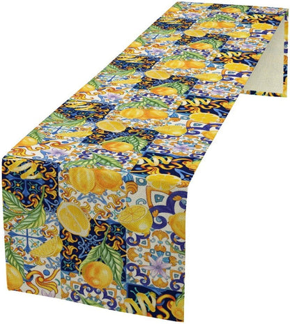 Boho Lemon Table Runner, Blue Yellow Tile Yellow Summer Fruit Mediterranean Aesthetic Table Runner for Kitchen Dining Garden Party Outdoor Indoor Decor, 13x36 Inch