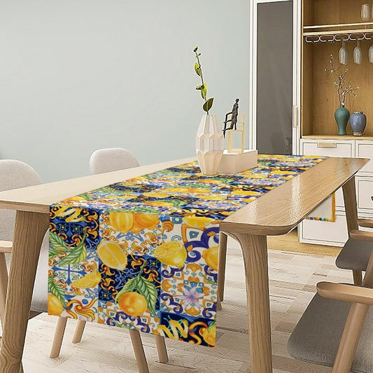 Boho Lemon Table Runner, Blue Yellow Tile Yellow Summer Fruit Mediterranean Aesthetic Table Runner for Kitchen Dining Garden Party Outdoor Indoor Decor, 13x36 Inch