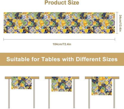 Boho Lemon Table Runner, Blue Yellow Tile Yellow Summer Fruit Mediterranean Aesthetic Table Runner for Kitchen Dining Garden Party Outdoor Indoor Decor, 13x36 Inch