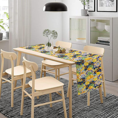Boho Lemon Table Runner, Blue Yellow Tile Yellow Summer Fruit Mediterranean Aesthetic Table Runner for Kitchen Dining Garden Party Outdoor Indoor Decor, 13x36 Inch