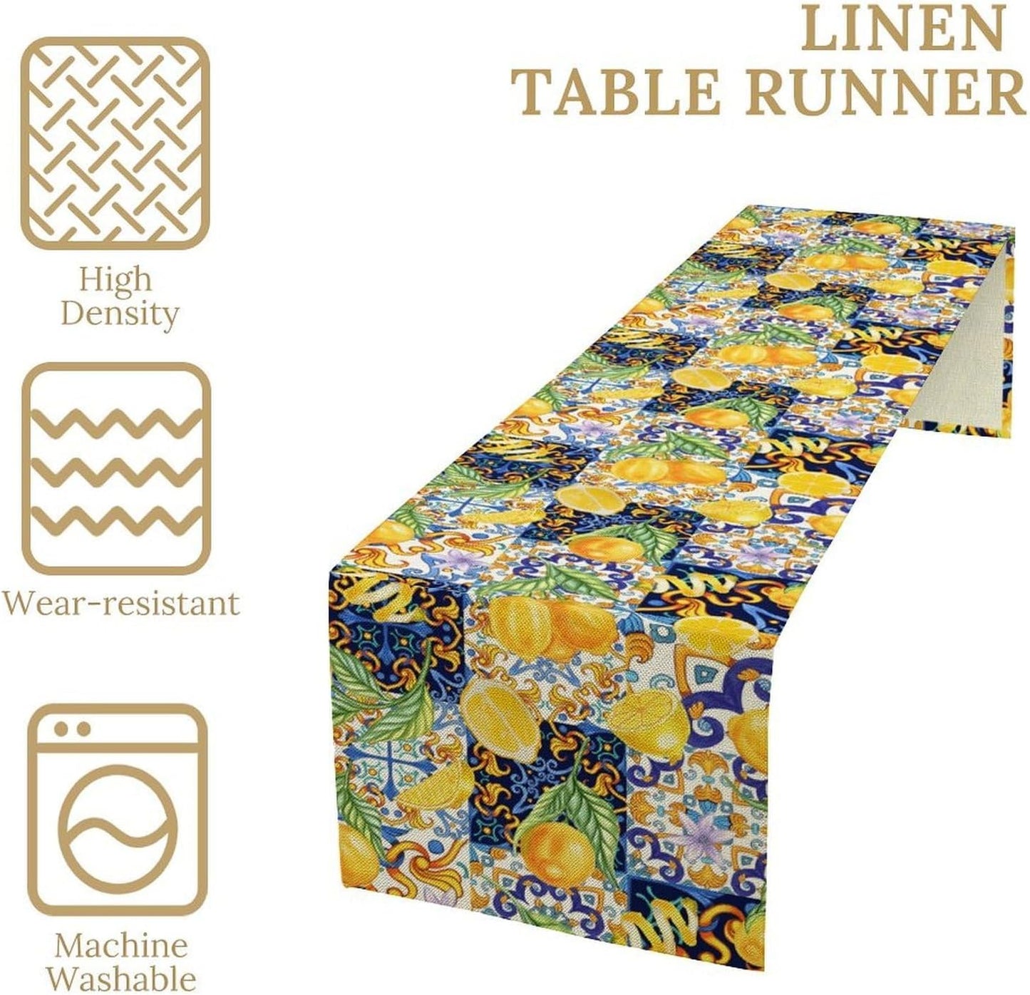 Boho Lemon Table Runner, Blue Yellow Tile Yellow Summer Fruit Mediterranean Aesthetic Table Runner for Kitchen Dining Garden Party Outdoor Indoor Decor, 13x36 Inch