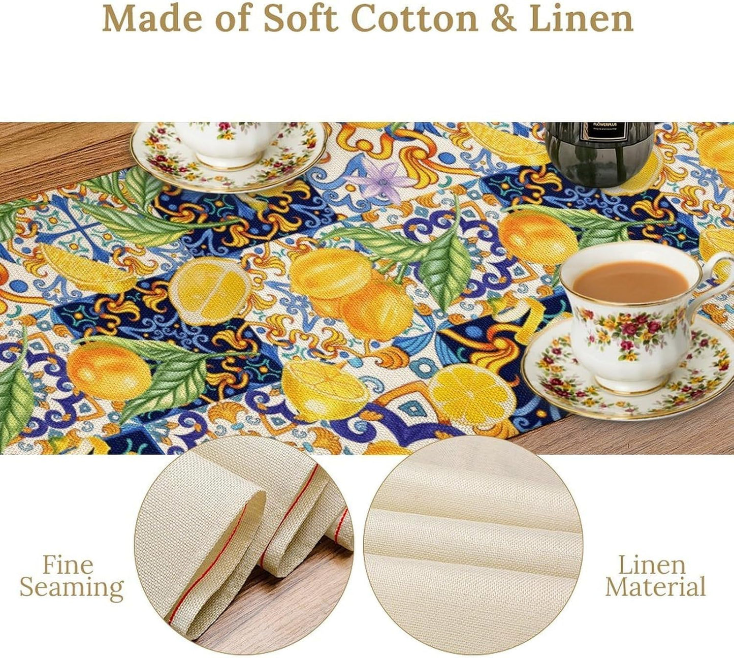 Boho Lemon Table Runner, Blue Yellow Tile Yellow Summer Fruit Mediterranean Aesthetic Table Runner for Kitchen Dining Garden Party Outdoor Indoor Decor, 13x36 Inch
