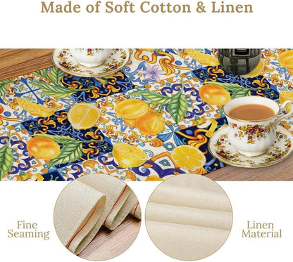 Boho Lemon Table Runner, Blue Yellow Tile Yellow Summer Fruit Mediterranean Aesthetic Table Runner for Kitchen Dining Garden Party Outdoor Indoor Decor, 13x36 Inch