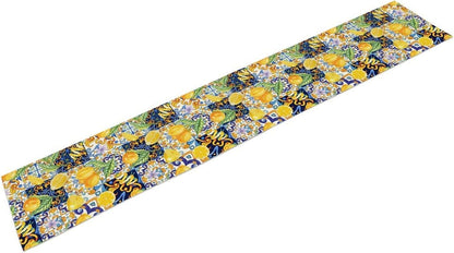 Boho Lemon Table Runner, Blue Yellow Tile Yellow Summer Fruit Mediterranean Aesthetic Table Runner for Kitchen Dining Garden Party Outdoor Indoor Decor, 13x36 Inch