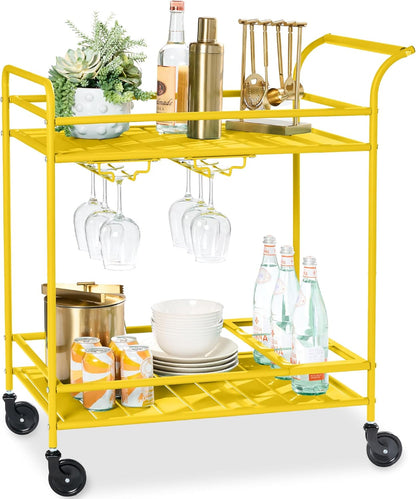 Rolling Bar Cart, Mobile Home Bar Serving Cart, Serving Station w/ 2 Tier Shelves, Wine Rack, Lockable Wheels - Yellow