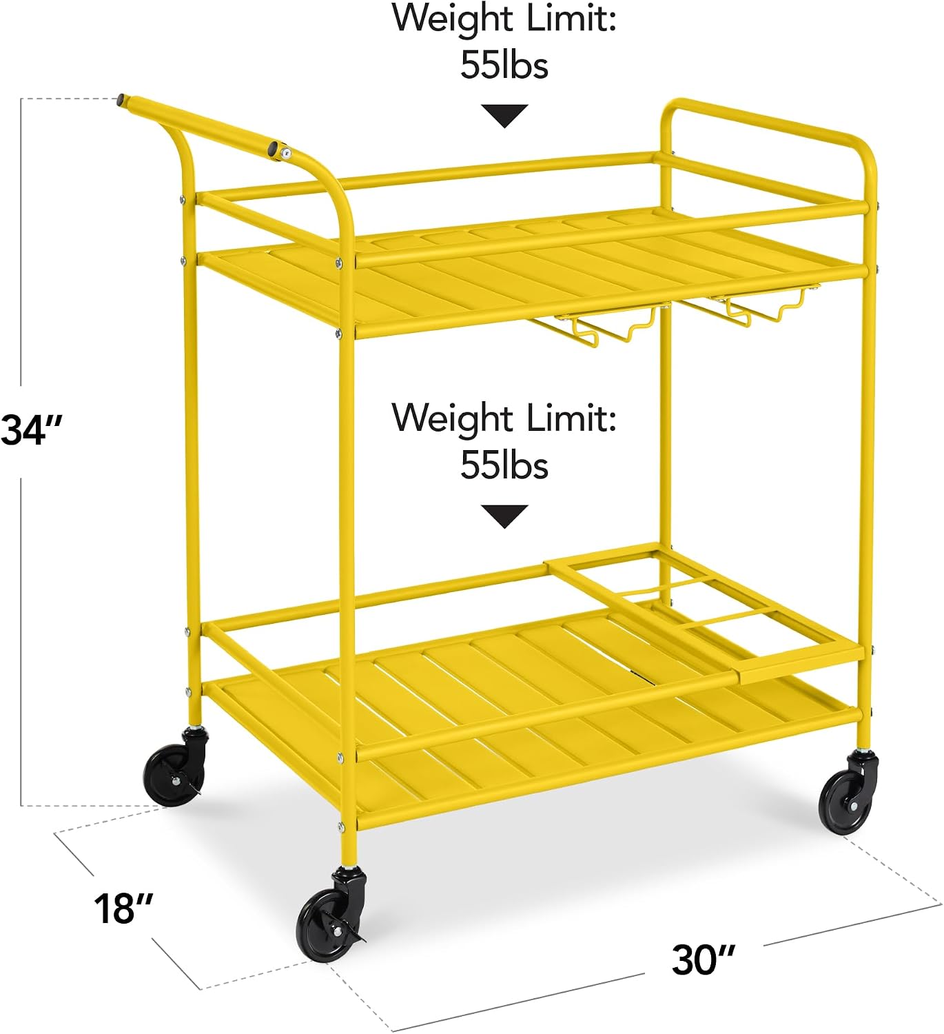 Rolling Bar Cart, Mobile Home Bar Serving Cart, Serving Station w/ 2 Tier Shelves, Wine Rack, Lockable Wheels - Yellow
