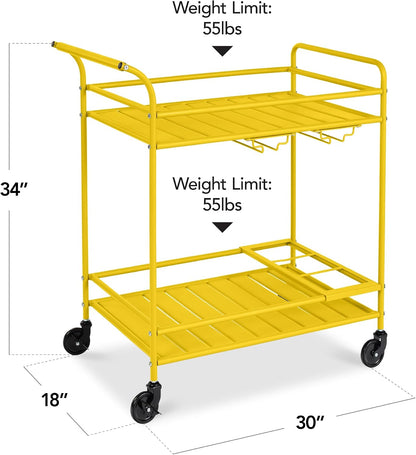 Rolling Bar Cart, Mobile Home Bar Serving Cart, Serving Station w/ 2 Tier Shelves, Wine Rack, Lockable Wheels - Yellow
