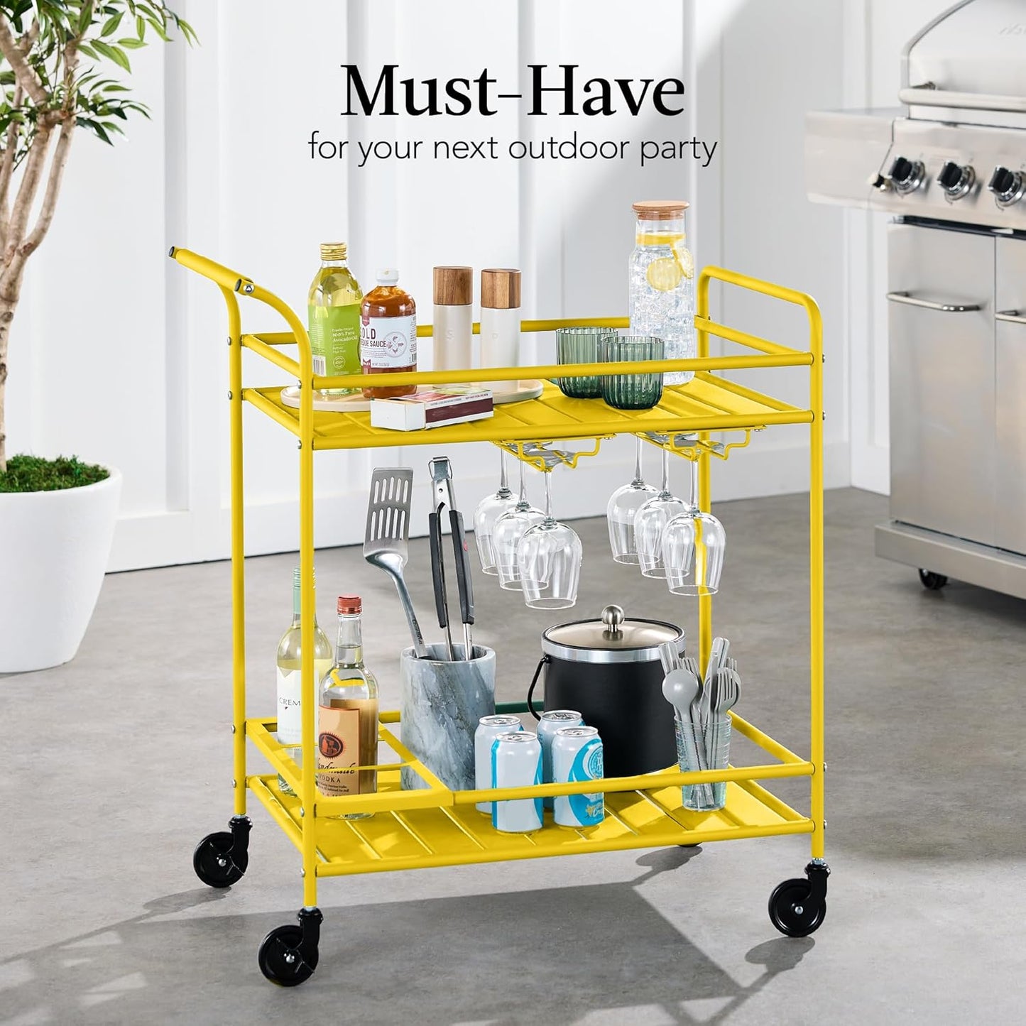 Rolling Bar Cart, Mobile Home Bar Serving Cart, Serving Station w/ 2 Tier Shelves, Wine Rack, Lockable Wheels - Yellow