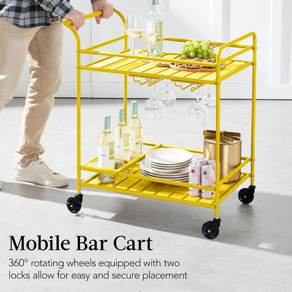 Rolling Bar Cart, Mobile Home Bar Serving Cart, Serving Station w/ 2 Tier Shelves, Wine Rack, Lockable Wheels - Yellow