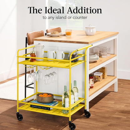 Rolling Bar Cart, Mobile Home Bar Serving Cart, Serving Station w/ 2 Tier Shelves, Wine Rack, Lockable Wheels - Yellow