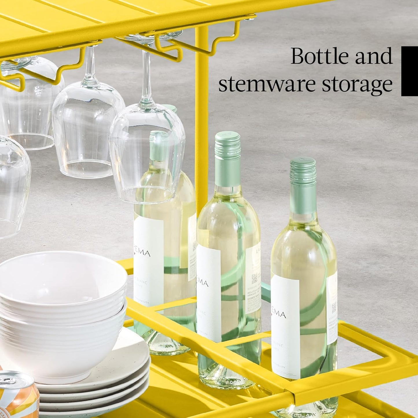 Rolling Bar Cart, Mobile Home Bar Serving Cart, Serving Station w/ 2 Tier Shelves, Wine Rack, Lockable Wheels - Yellow
