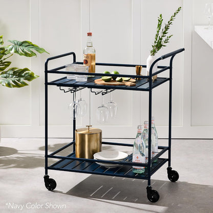 Rolling Bar Cart, Mobile Home Bar Serving Cart, Serving Station w/ 2 Tier Shelves, Wine Rack, Lockable Wheels - Yellow