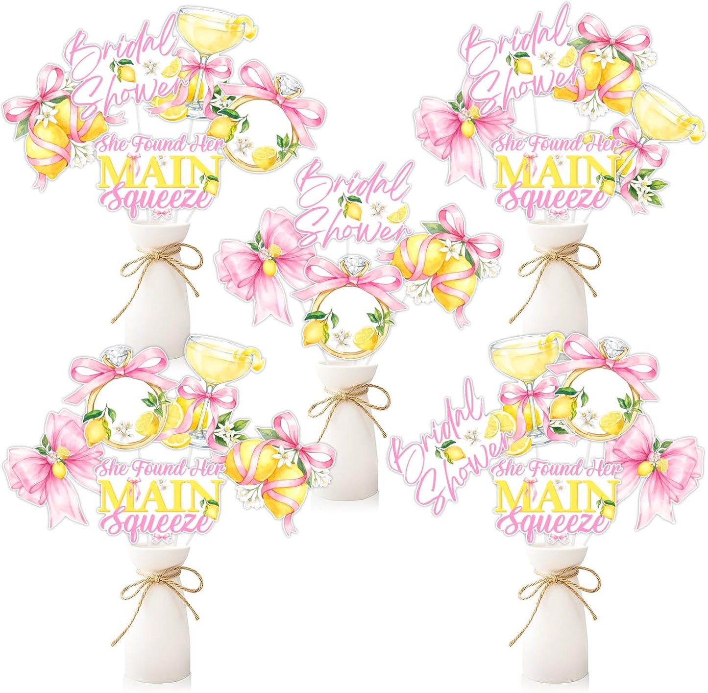 Pink Bow Lemon Bridal Shower Decorations Double Sided Table Centerpieces for Bride to Be Party Lemon Bow Bachelorette Table Toppers, 24 Set