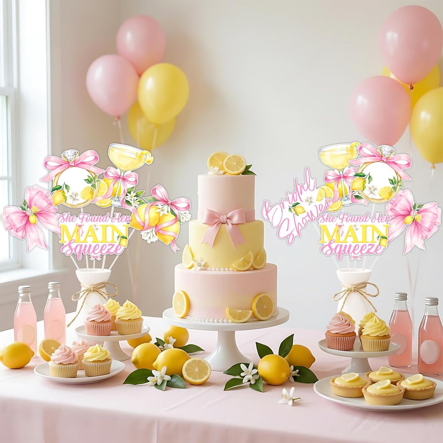 Pink Bow Lemon Bridal Shower Decorations Double Sided Table Centerpieces for Bride to Be Party Lemon Bow Bachelorette Table Toppers, 24 Set
