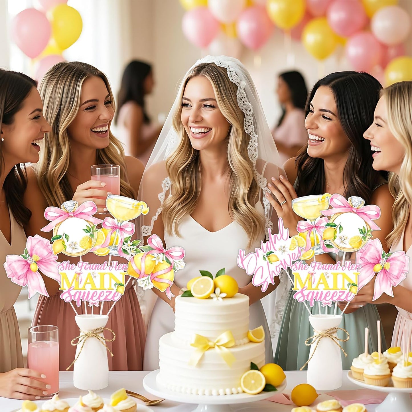 Pink Bow Lemon Bridal Shower Decorations Double Sided Table Centerpieces for Bride to Be Party Lemon Bow Bachelorette Table Toppers, 24 Set