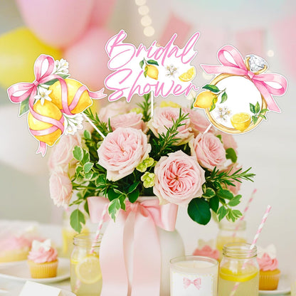 Pink Bow Lemon Bridal Shower Decorations Double Sided Table Centerpieces for Bride to Be Party Lemon Bow Bachelorette Table Toppers, 24 Set