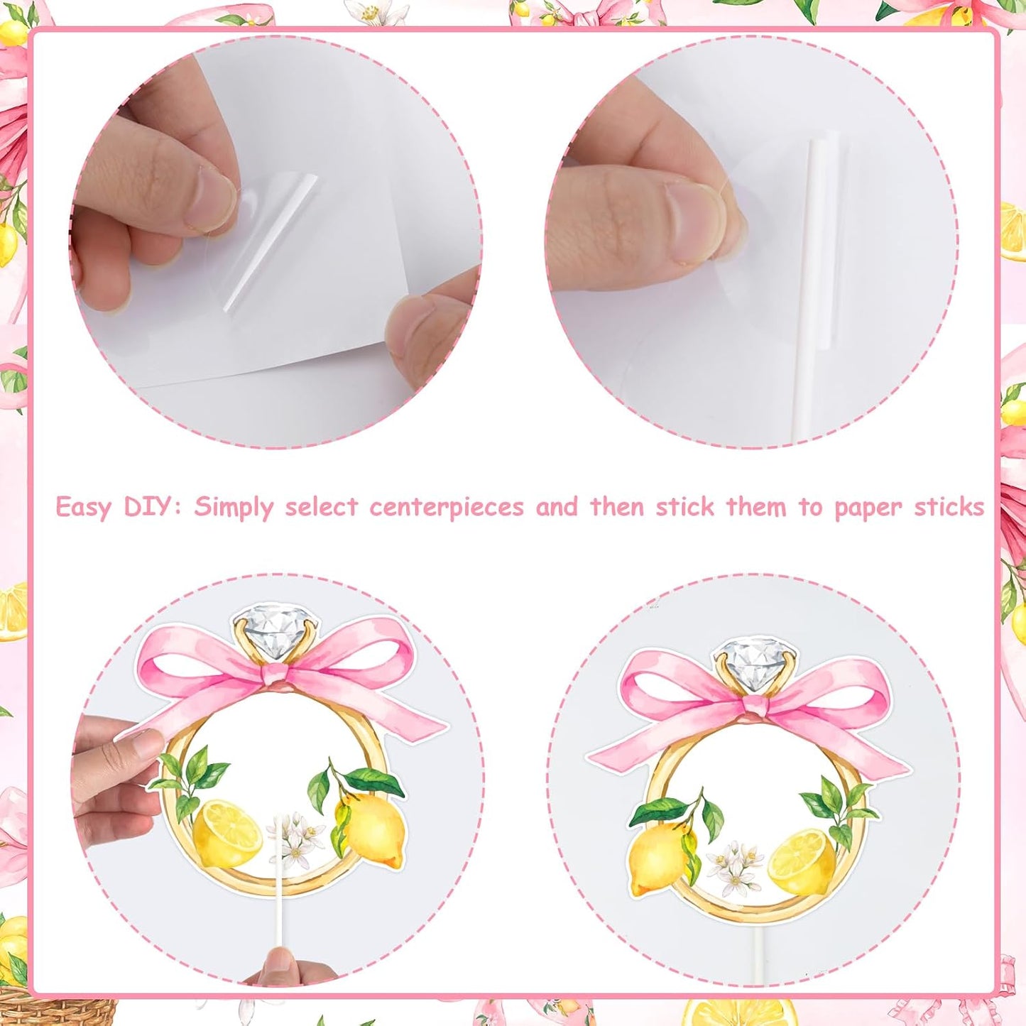 Pink Bow Lemon Bridal Shower Decorations Double Sided Table Centerpieces for Bride to Be Party Lemon Bow Bachelorette Table Toppers, 24 Set
