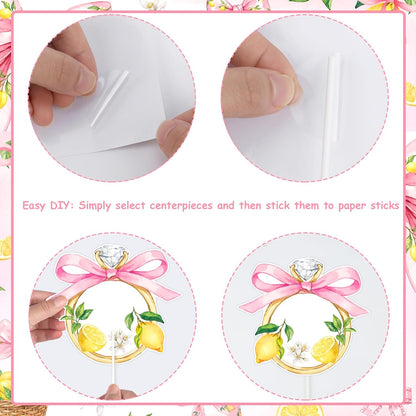 Pink Bow Lemon Bridal Shower Decorations Double Sided Table Centerpieces for Bride to Be Party Lemon Bow Bachelorette Table Toppers, 24 Set