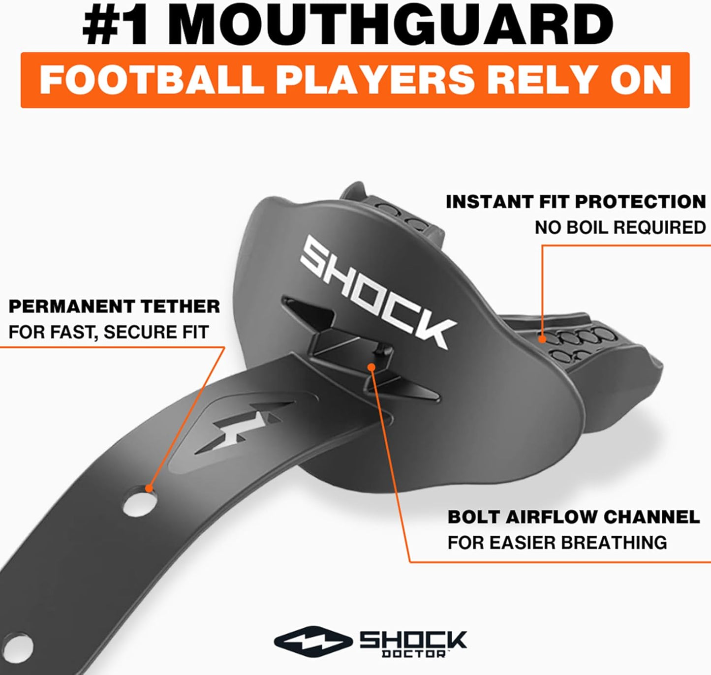 Bolt Lipguard, Adult Mouth Guard Football with Strap. Mouthguard One Size Fits All