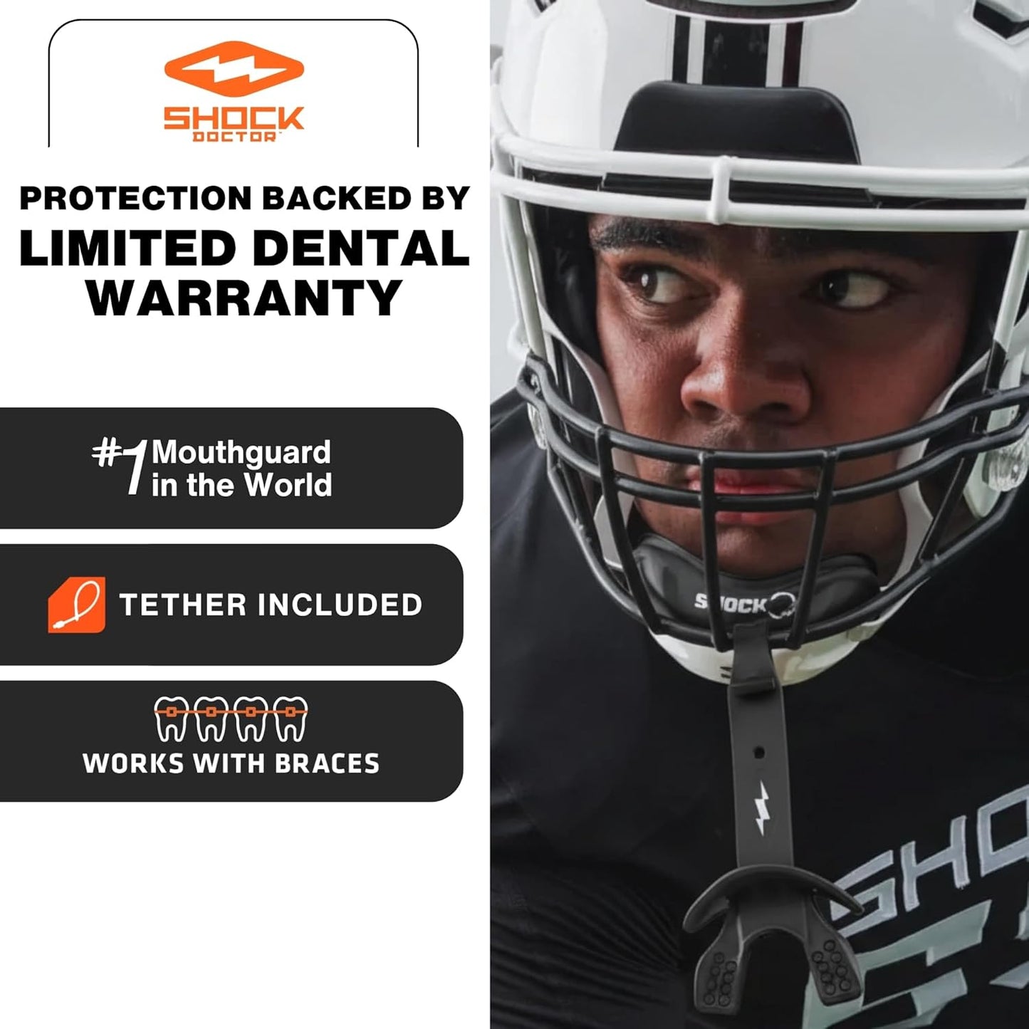 Bolt Lipguard, Adult Mouth Guard Football with Strap. Mouthguard One Size Fits All