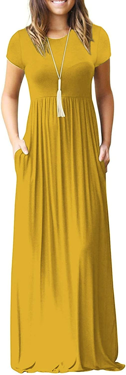 Maxi Dress for Women Short Sleeve Casual Summer Loose Plain Comfy Long Dresses with Pockets