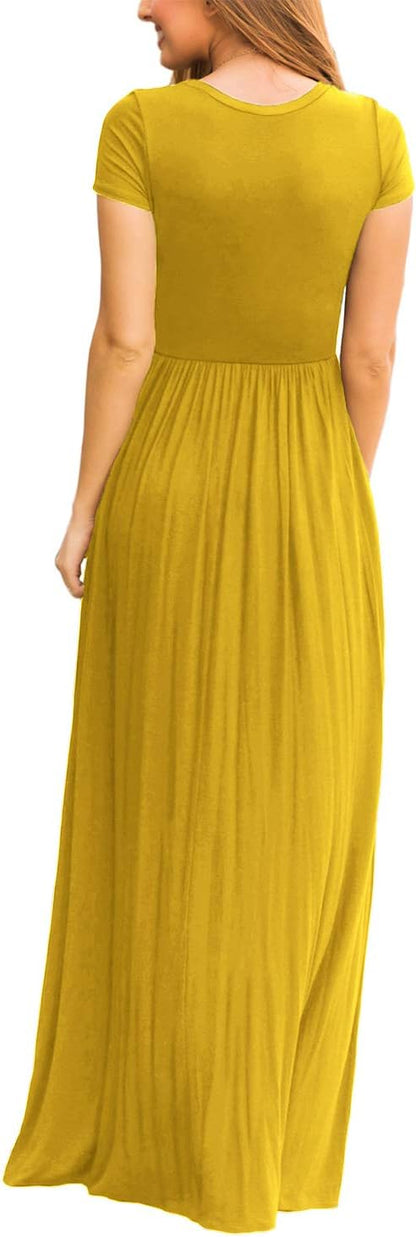 Maxi Dress for Women Short Sleeve Casual Summer Loose Plain Comfy Long Dresses with Pockets