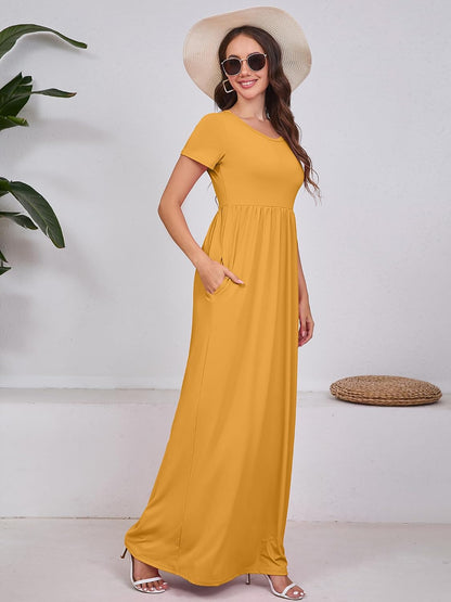 Maxi Dress for Women Short Sleeve Casual Summer Loose Plain Comfy Long Dresses with Pockets