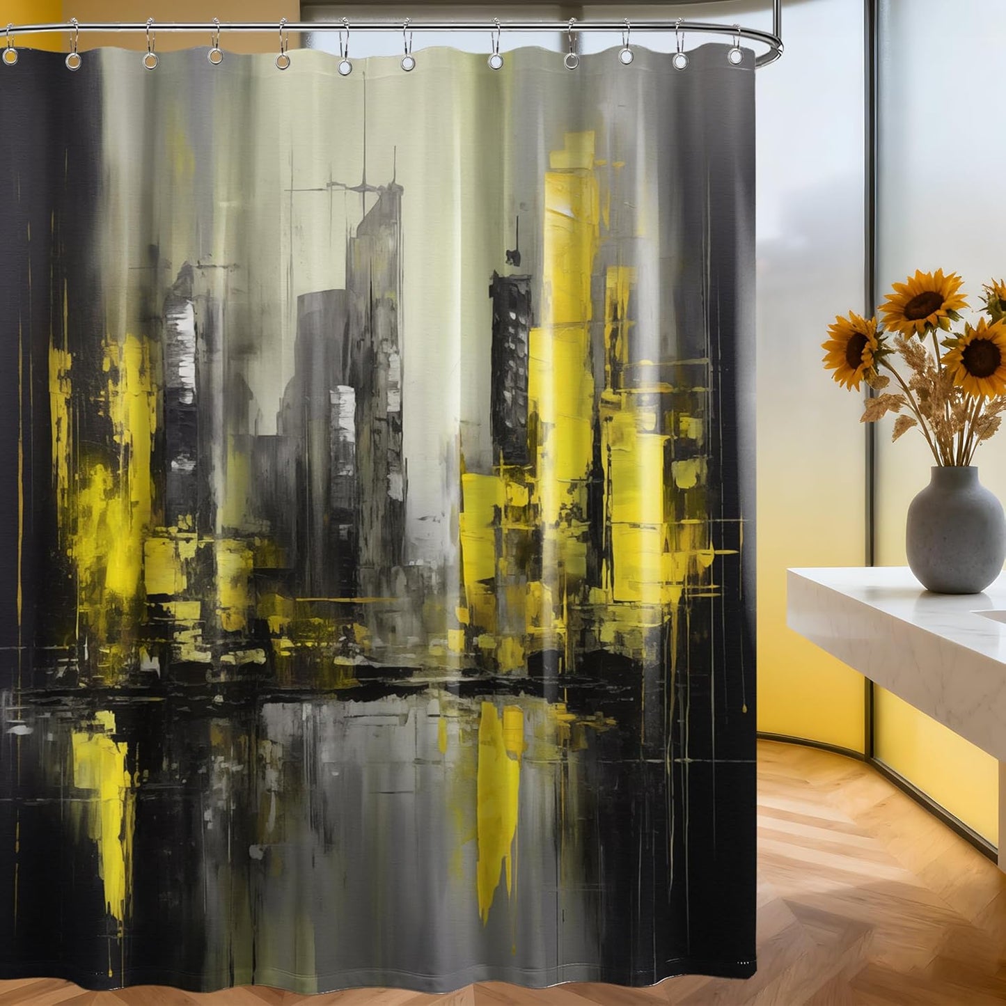 Black and Yellow Shower Curtain Bright Mustard Lemon Yellow Abstract Shower Curtains for Mens Bathroom Decor, Waterproof Fabric 70 x 72 inch with Hooks
