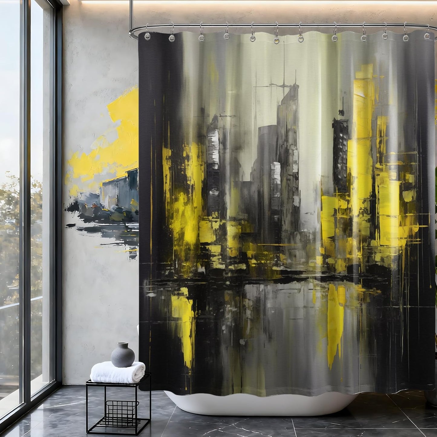 Black and Yellow Shower Curtain Bright Mustard Lemon Yellow Abstract Shower Curtains for Mens Bathroom Decor, Waterproof Fabric 70 x 72 inch with Hooks