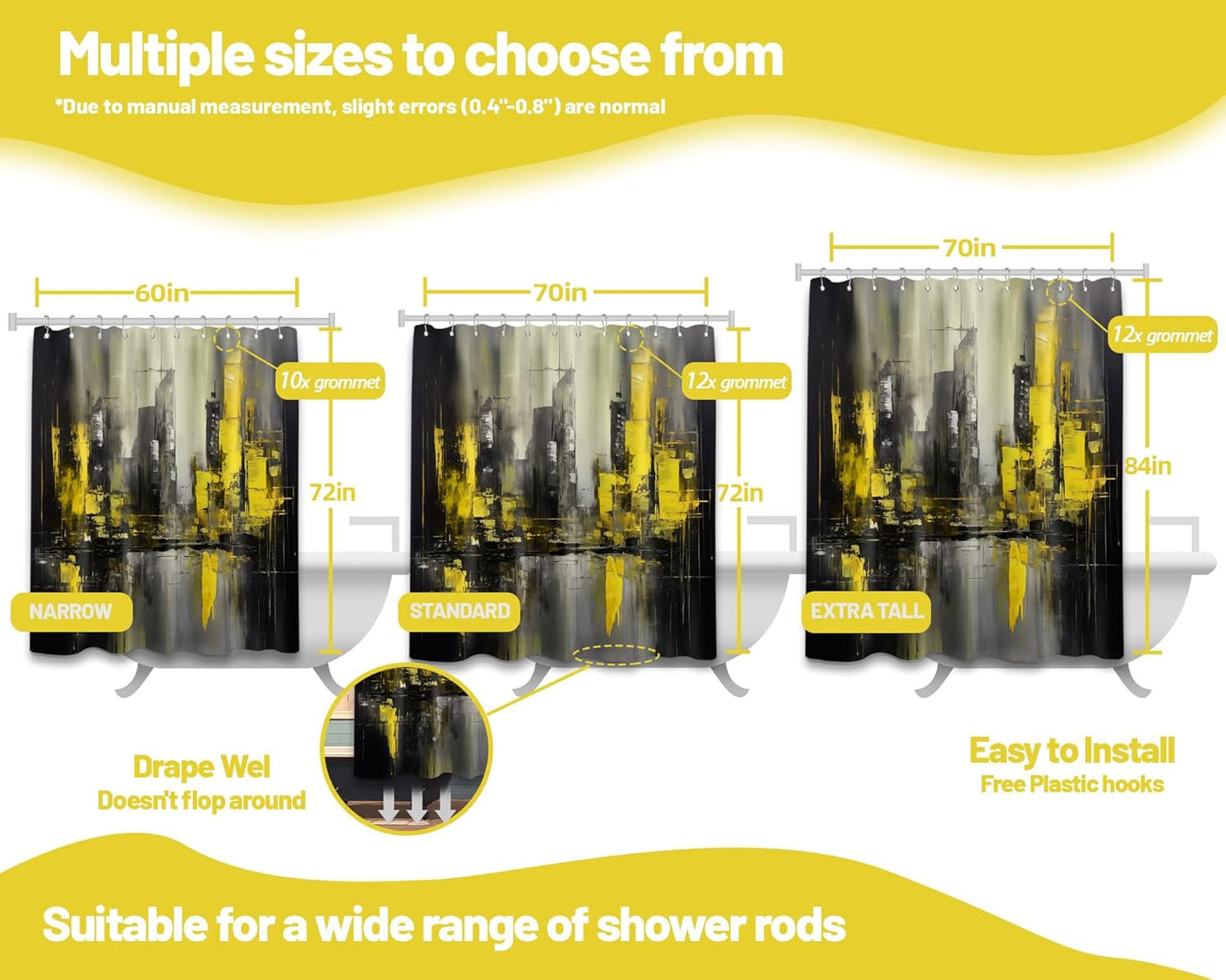 Black and Yellow Shower Curtain Bright Mustard Lemon Yellow Abstract Shower Curtains for Mens Bathroom Decor, Waterproof Fabric 70 x 72 inch with Hooks