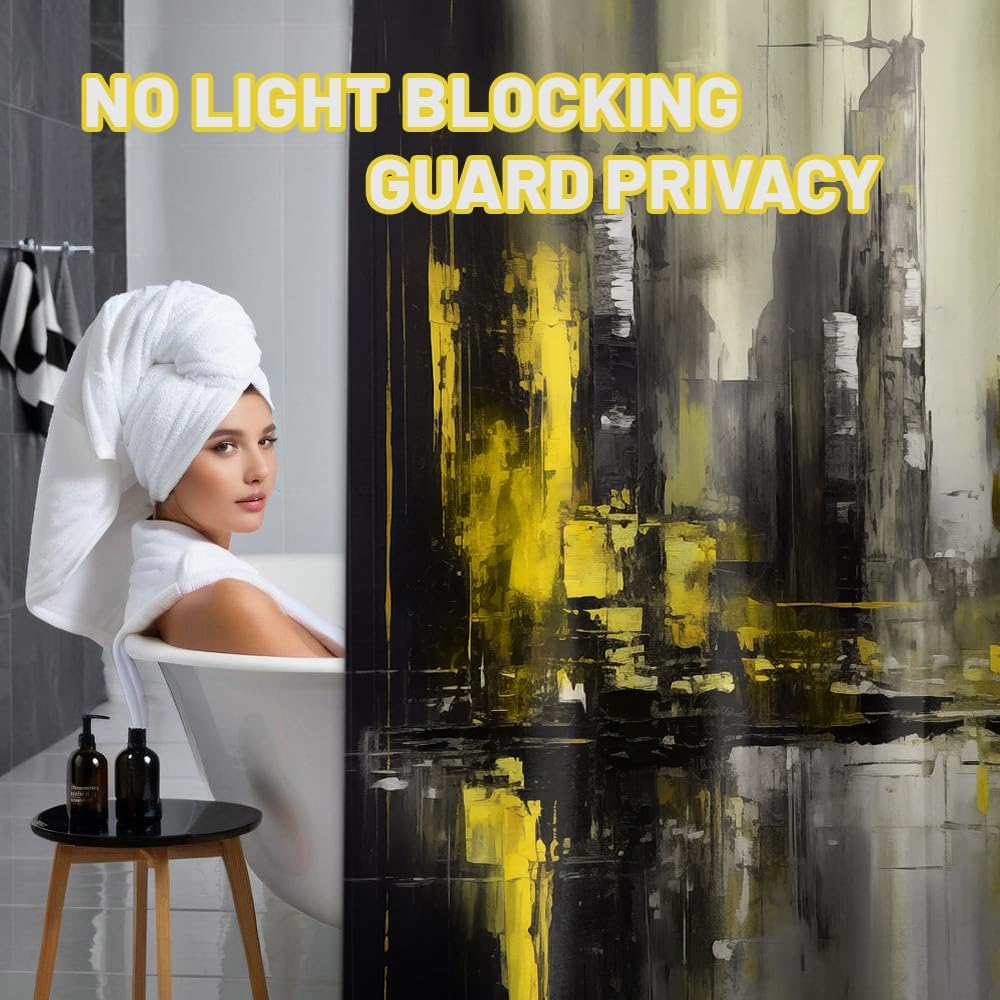 Black and Yellow Shower Curtain Bright Mustard Lemon Yellow Abstract Shower Curtains for Mens Bathroom Decor, Waterproof Fabric 70 x 72 inch with Hooks