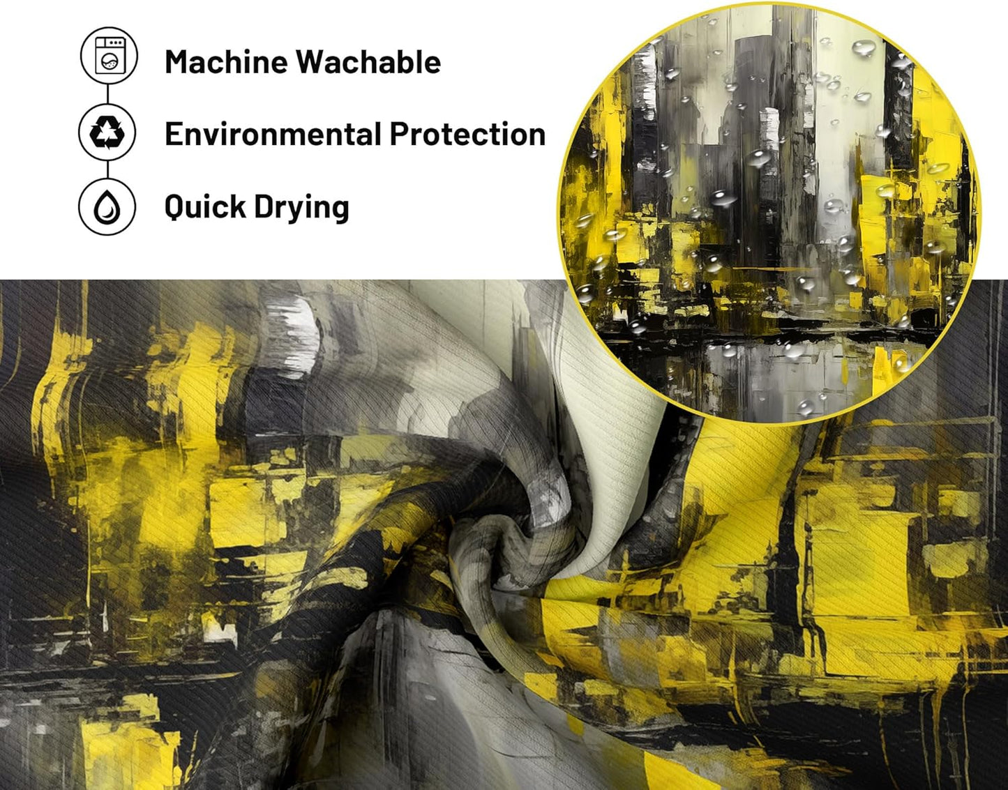 Black and Yellow Shower Curtain Bright Mustard Lemon Yellow Abstract Shower Curtains for Mens Bathroom Decor, Waterproof Fabric 70 x 72 inch with Hooks