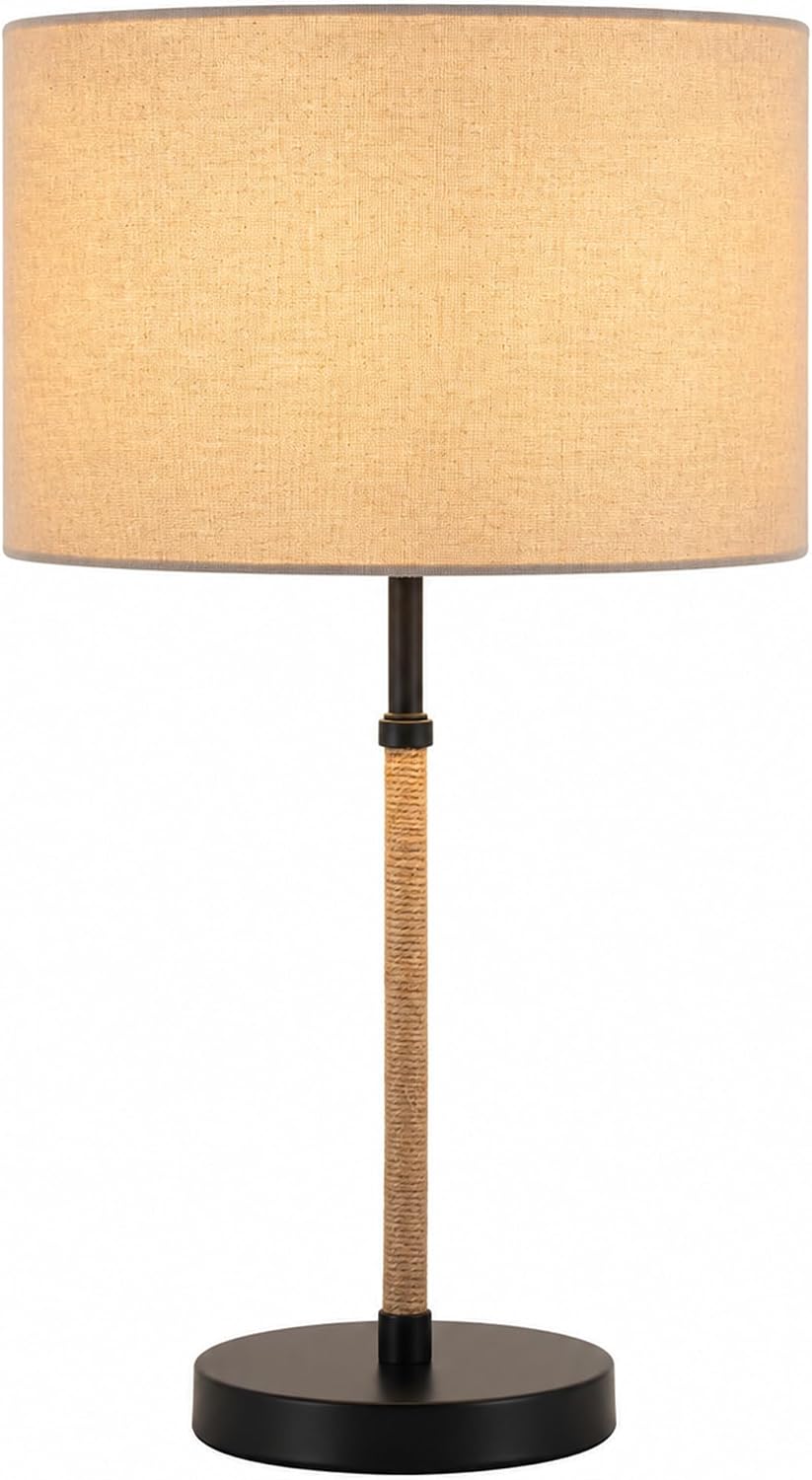 Nordic Linen Desk Lamp, 21.1" Tall Metal Table Lamp for Living Room, Minimalist Bedside Nightstand Lamp with Fabric Drum Shade, Japandi Decor, Warm Yellow Light, 6.6ft Cord