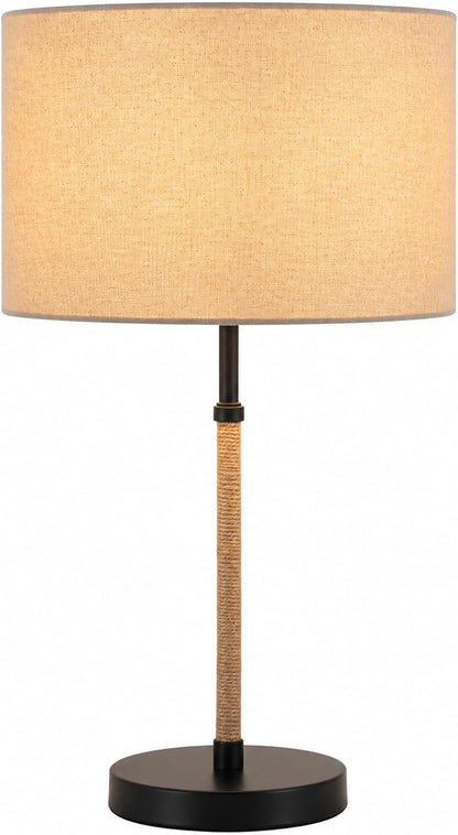 Nordic Linen Desk Lamp, 21.1" Tall Metal Table Lamp for Living Room, Minimalist Bedside Nightstand Lamp with Fabric Drum Shade, Japandi Decor, Warm Yellow Light, 6.6ft Cord