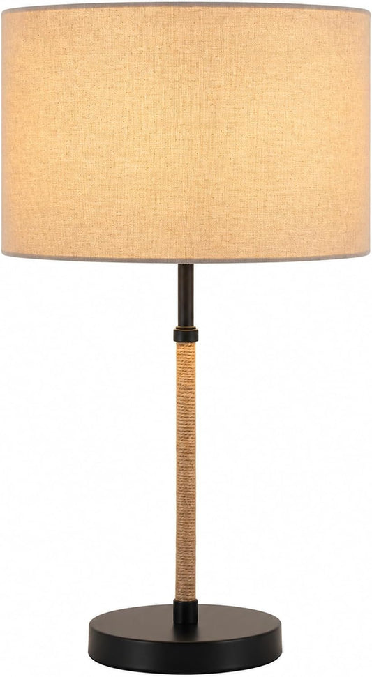 Nordic Linen Desk Lamp, 21.1" Tall Metal Table Lamp for Living Room, Minimalist Bedside Nightstand Lamp with Fabric Drum Shade, Japandi Decor, Warm Yellow Light, 6.6ft Cord