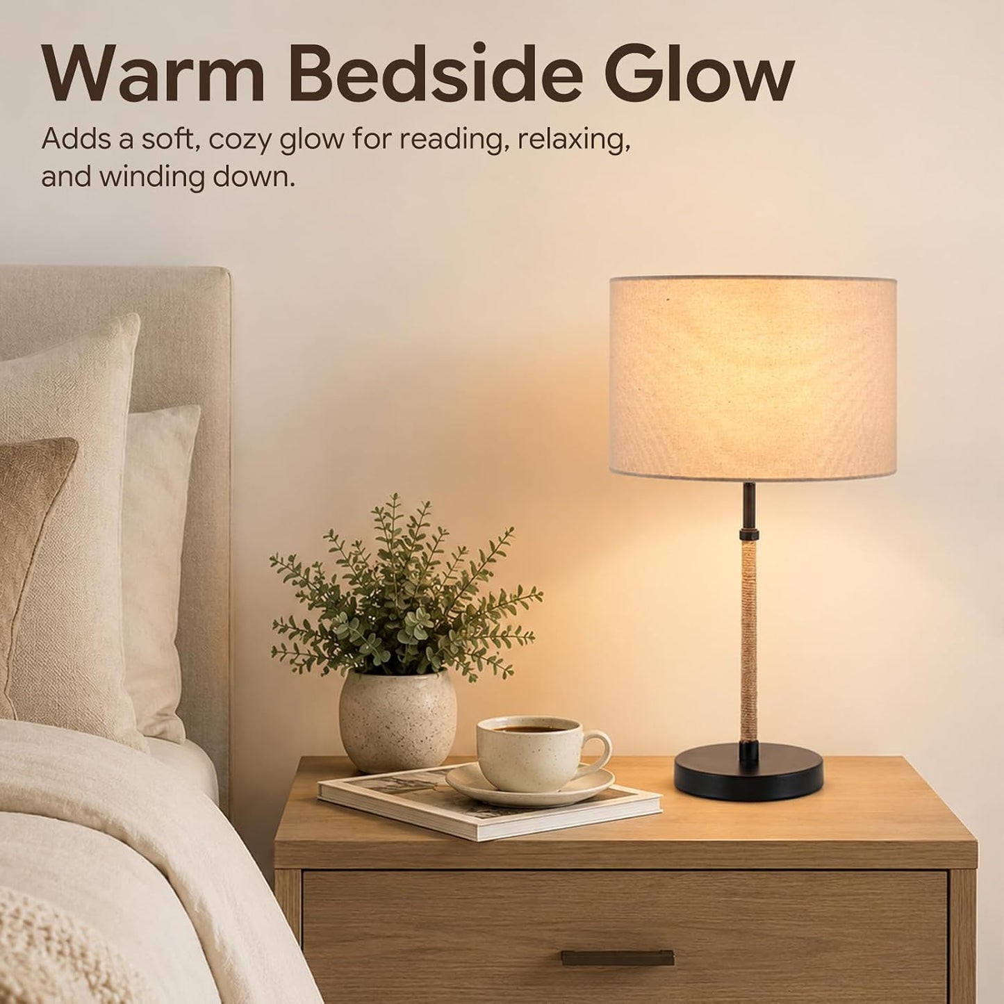 Nordic Linen Desk Lamp, 21.1" Tall Metal Table Lamp for Living Room, Minimalist Bedside Nightstand Lamp with Fabric Drum Shade, Japandi Decor, Warm Yellow Light, 6.6ft Cord