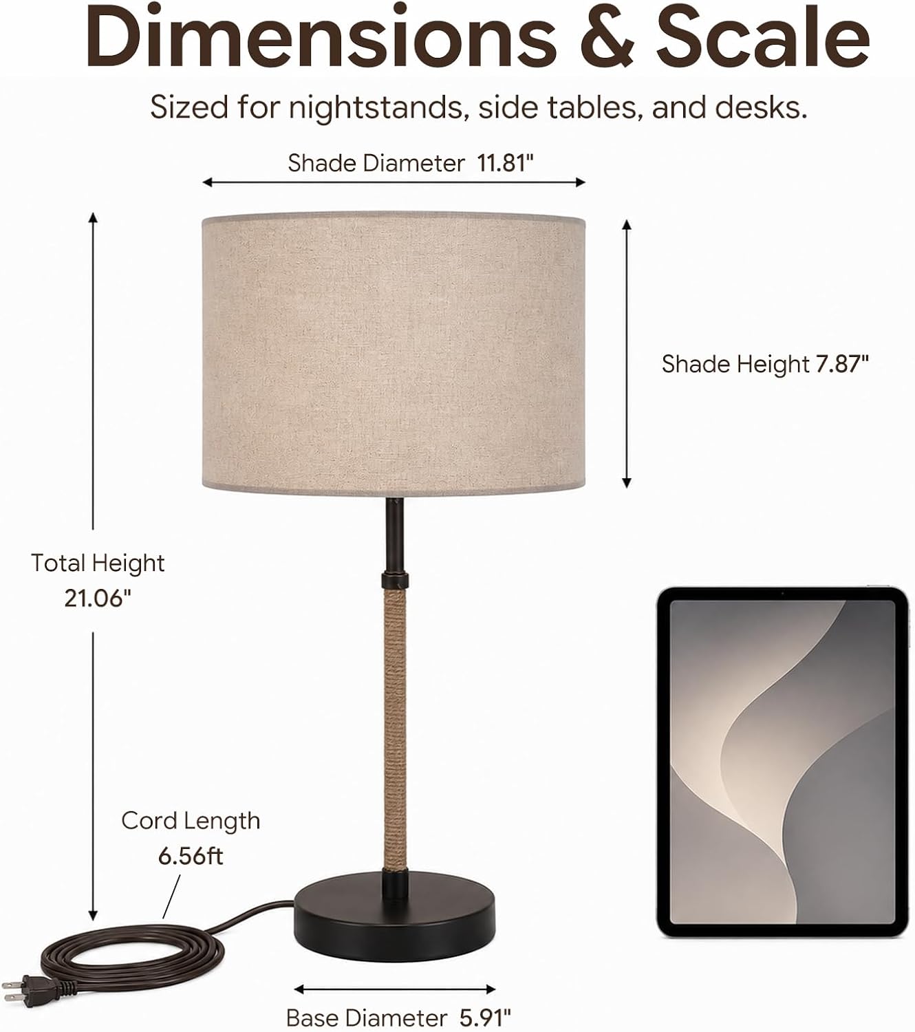 Nordic Linen Desk Lamp, 21.1" Tall Metal Table Lamp for Living Room, Minimalist Bedside Nightstand Lamp with Fabric Drum Shade, Japandi Decor, Warm Yellow Light, 6.6ft Cord