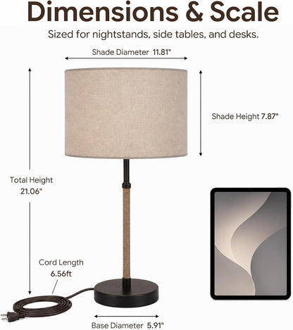 Nordic Linen Desk Lamp, 21.1" Tall Metal Table Lamp for Living Room, Minimalist Bedside Nightstand Lamp with Fabric Drum Shade, Japandi Decor, Warm Yellow Light, 6.6ft Cord