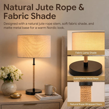 Nordic Linen Desk Lamp, 21.1" Tall Metal Table Lamp for Living Room, Minimalist Bedside Nightstand Lamp with Fabric Drum Shade, Japandi Decor, Warm Yellow Light, 6.6ft Cord