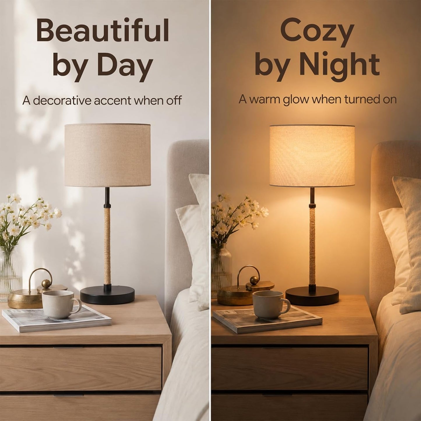 Nordic Linen Desk Lamp, 21.1" Tall Metal Table Lamp for Living Room, Minimalist Bedside Nightstand Lamp with Fabric Drum Shade, Japandi Decor, Warm Yellow Light, 6.6ft Cord