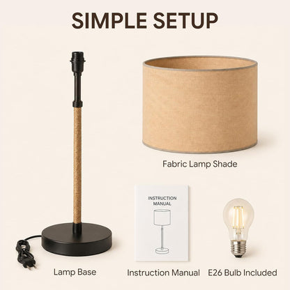 Nordic Linen Desk Lamp, 21.1" Tall Metal Table Lamp for Living Room, Minimalist Bedside Nightstand Lamp with Fabric Drum Shade, Japandi Decor, Warm Yellow Light, 6.6ft Cord
