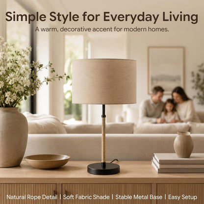 Nordic Linen Desk Lamp, 21.1" Tall Metal Table Lamp for Living Room, Minimalist Bedside Nightstand Lamp with Fabric Drum Shade, Japandi Decor, Warm Yellow Light, 6.6ft Cord