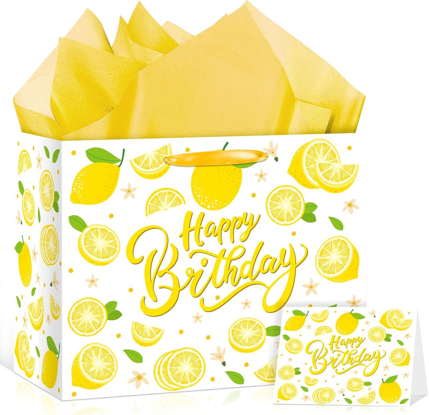 Large Yellow Lemon Birthday Gift Bags Yellow Lemon Wrapping Paper Bag with Tissue Paper Birthday Card Lemons Party Favor Bag for Kids Girls Women Baby Shower Birthday Lemons Party Decoraion Supplies